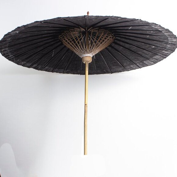 Vintage Chinese Black Paper Parasol With Silver Dragon Design - Picture 9 of 10